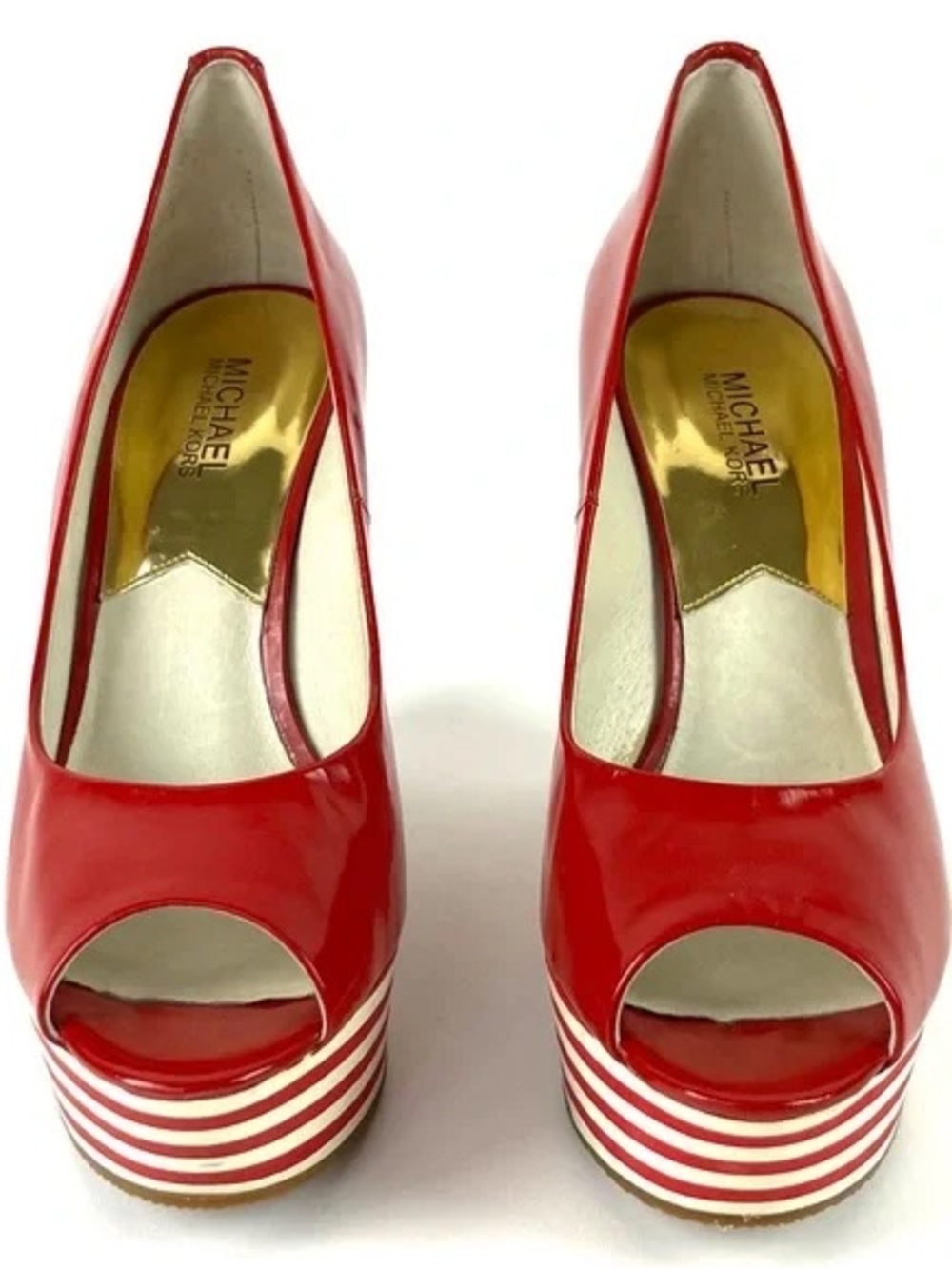 MICHAEL Michael Kors Adalia Red Patent Striped Platform Wedge Heels Size 8 - Picture 5 of 10